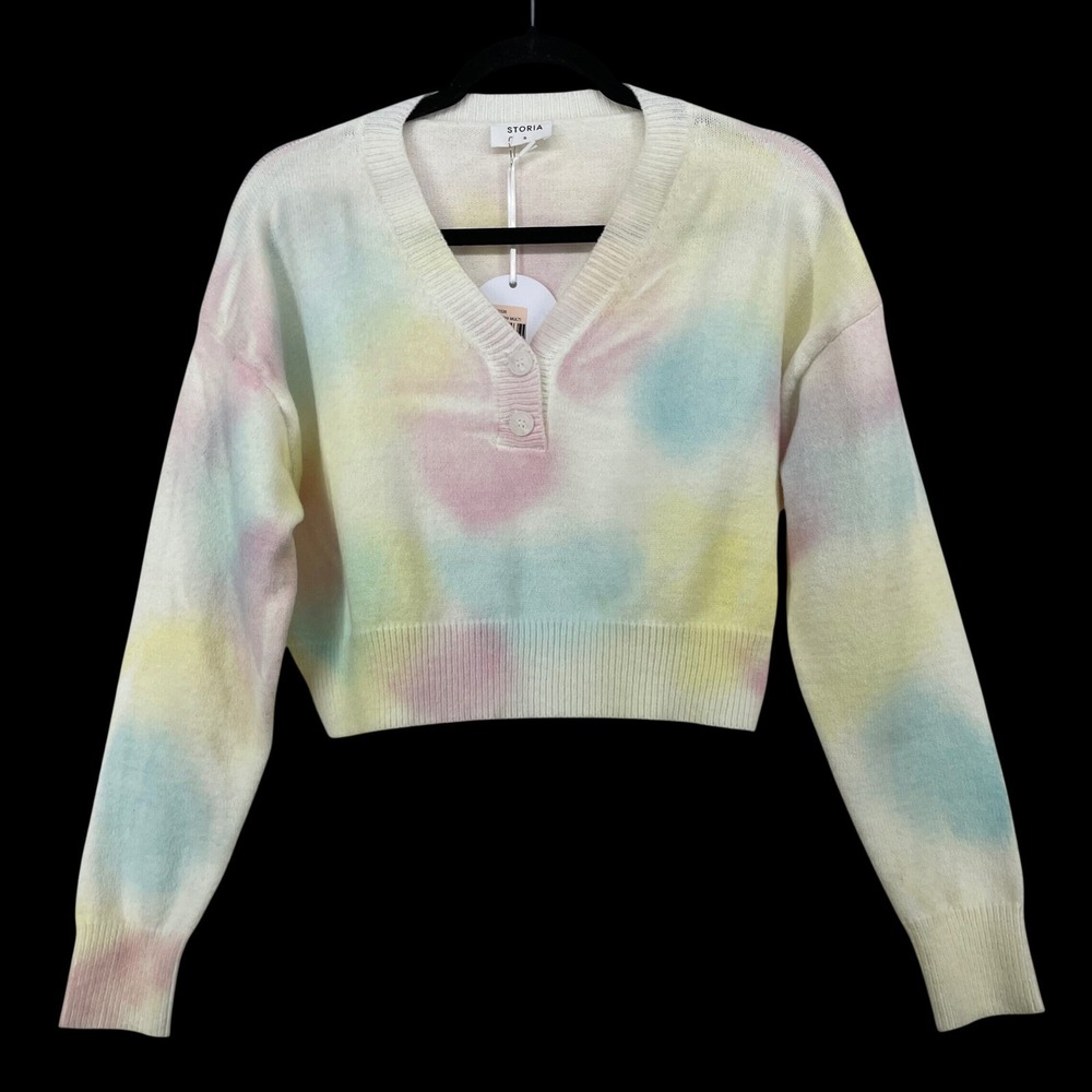 Storia Size M Cropped Sweater Pastel Tie Dye Henley V-Neck Long Sleeve Women
